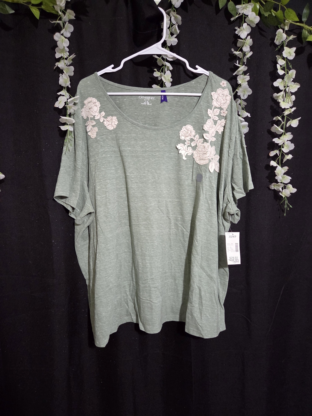 Catherines Sage Green Short Sleeve Top with Cream Floral Appliques